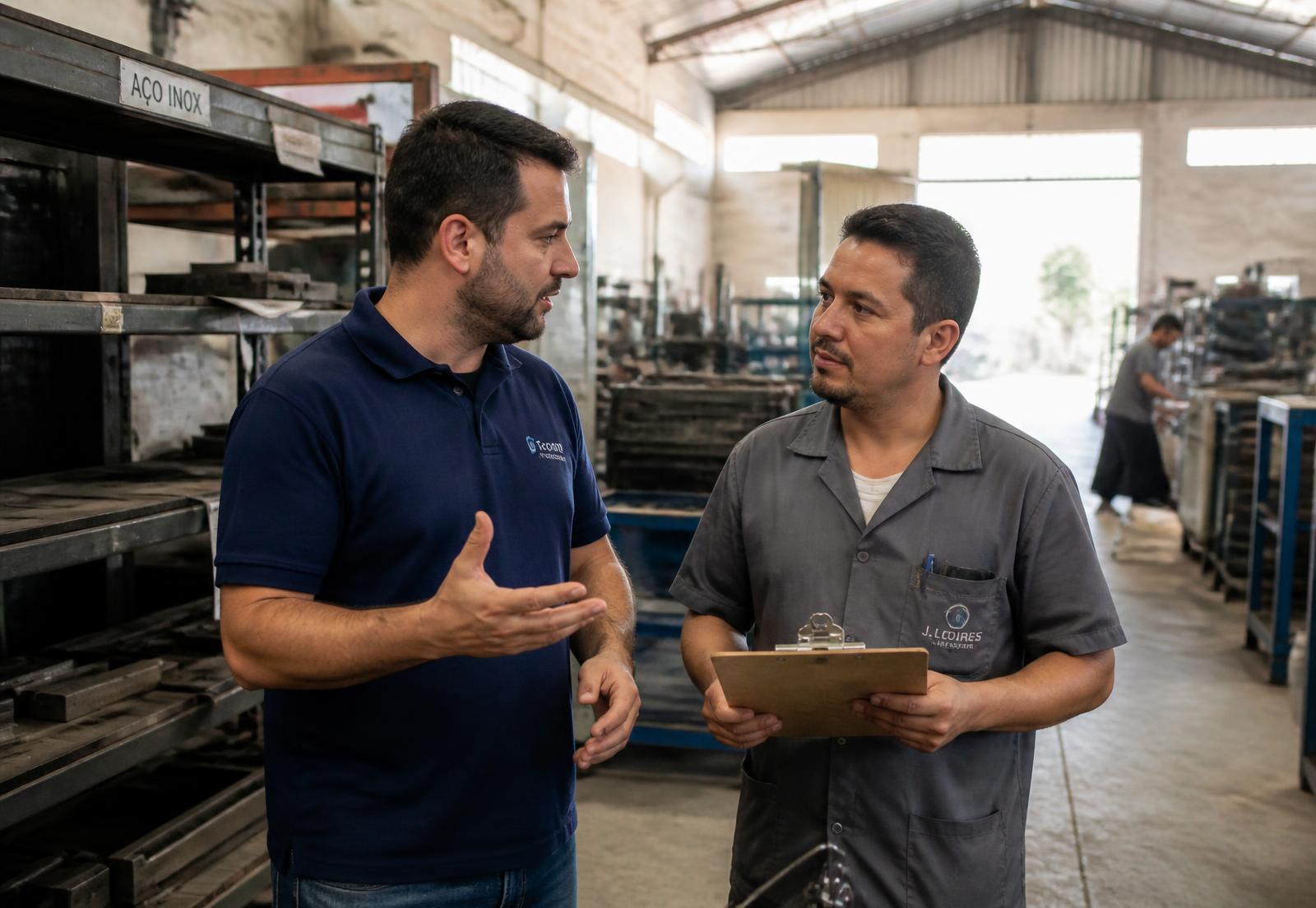 Gestor e colaborador conversando no chão de fábrica de uma indústria de pequeno porte